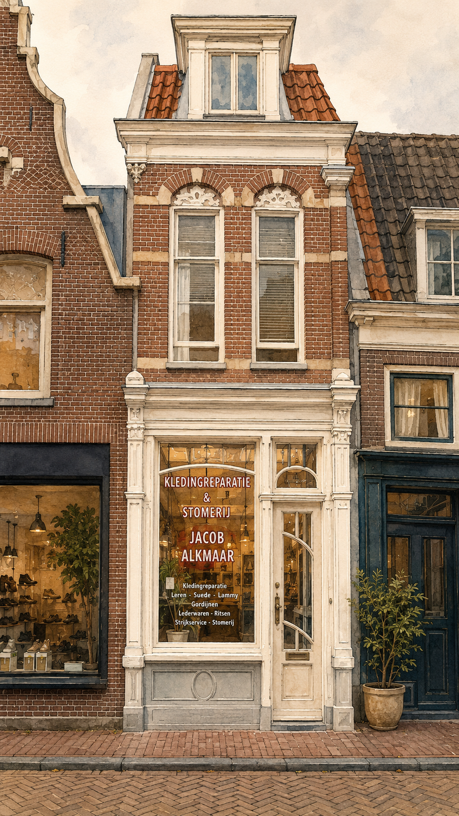 Artistic impression of the historic brick shopfront of the clothing repair and dry-cleaning shop at Schoutenstraat 34 in Alkmaar